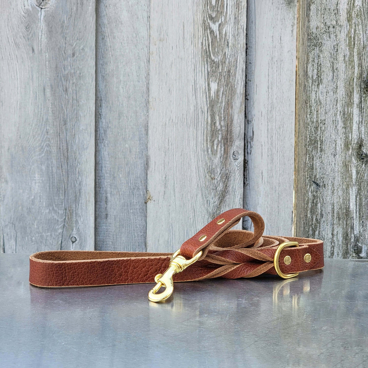 Braided leather dog leash, 60 inch, in cognac