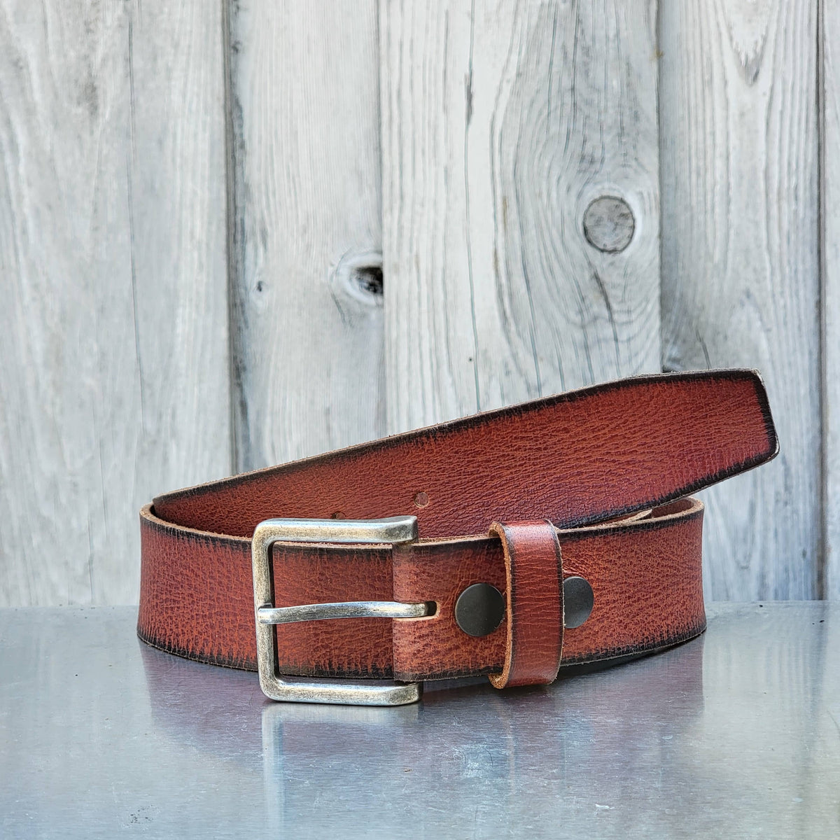 The Canyon leather belt with charred edges