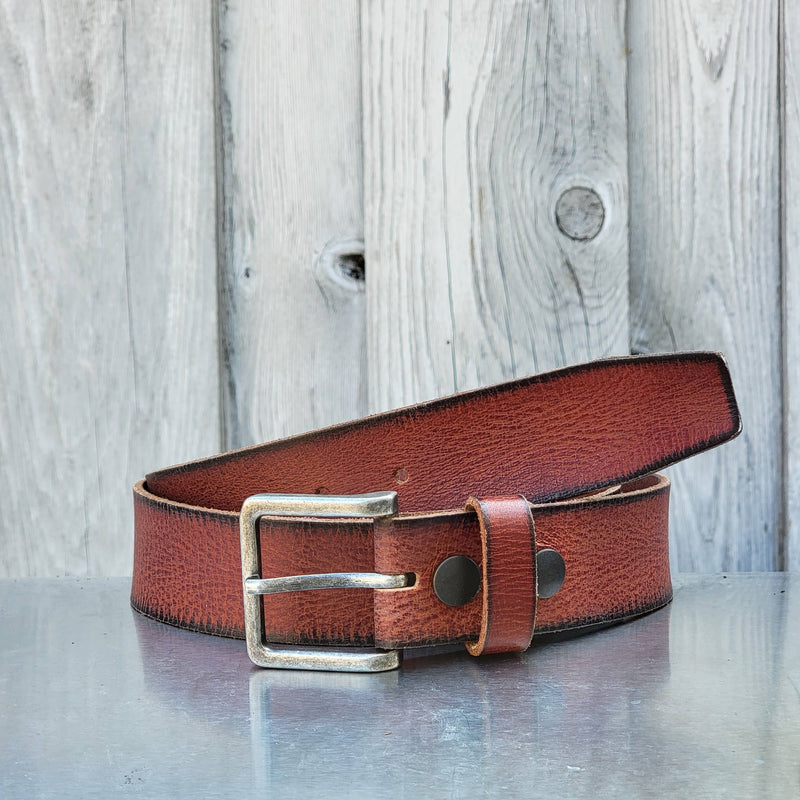 The Volcano Belt - Red Leather Belt with Charred Edges