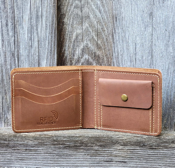 Cognac Full Grain Leather Wallet with Coin Pouch