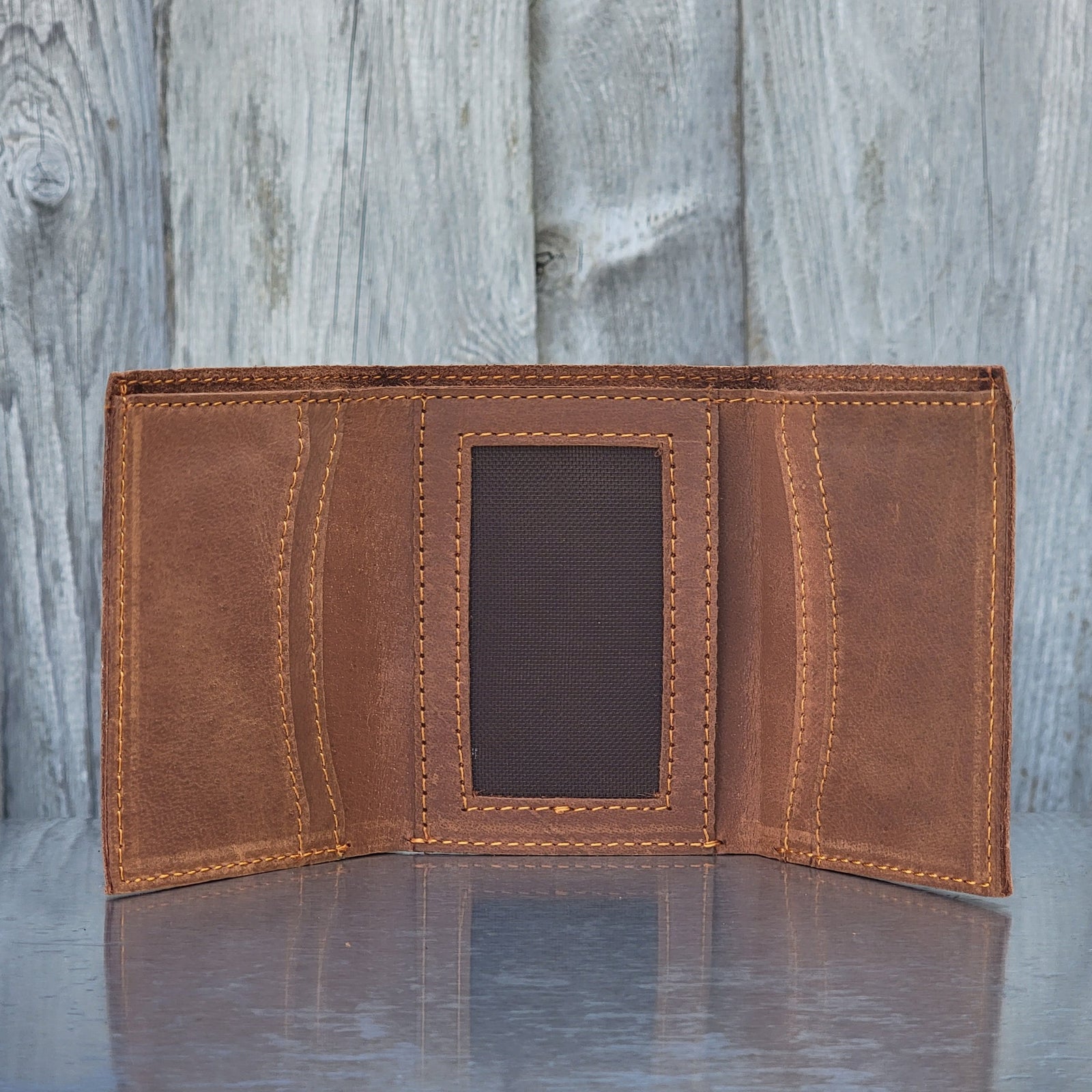 Licensed US Navy Trifold Wallet – RFID Blocking Genuine Leather Minimalist Wallet In Brown - View #3