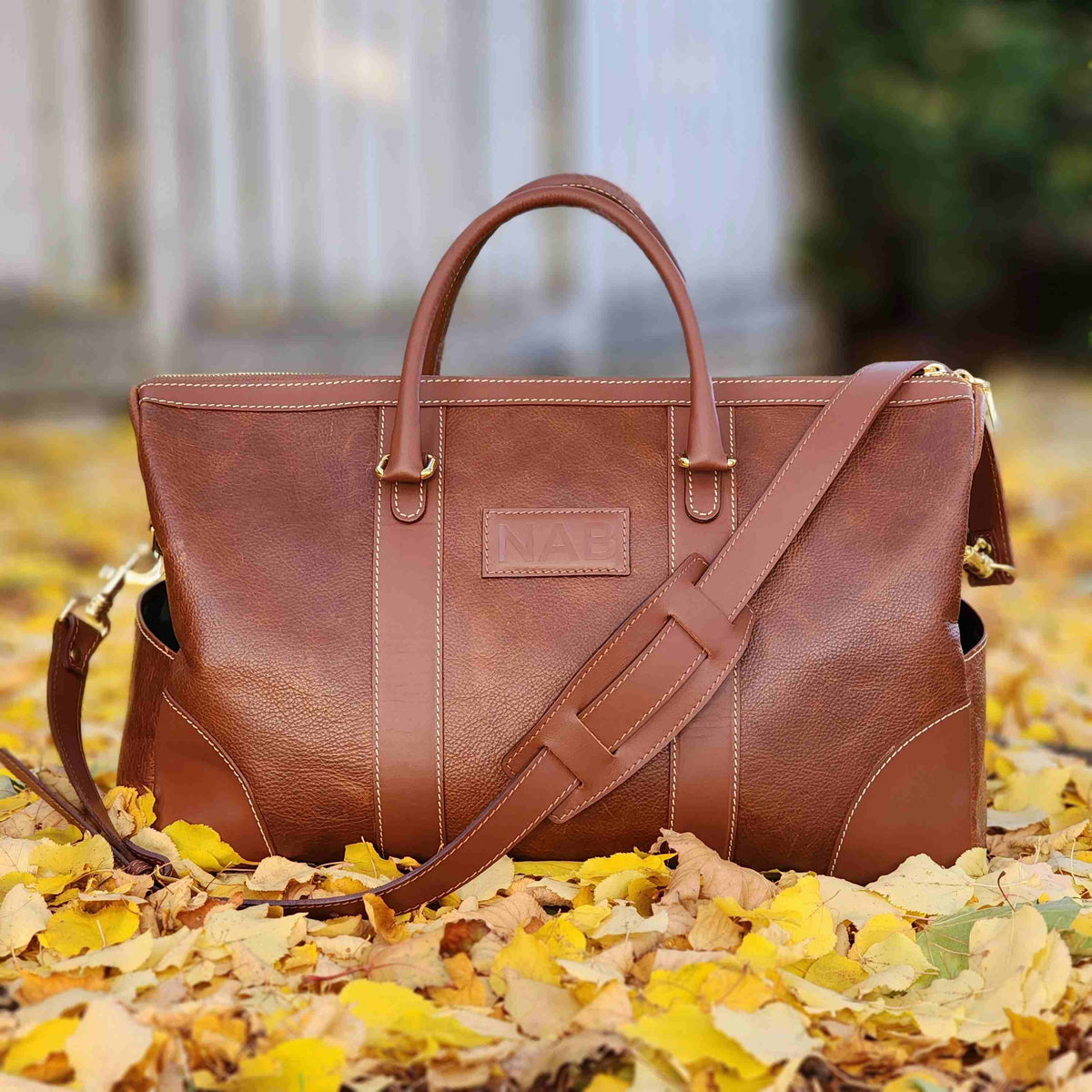 The Shield cognac full-grain leather duffle bag
