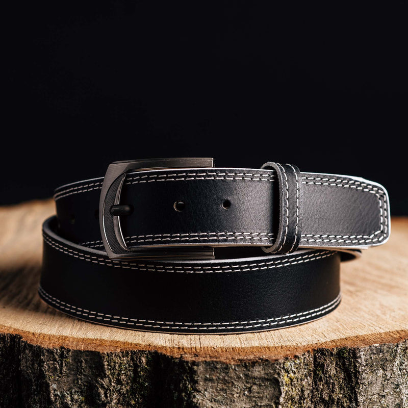 The Poseidon Belt - Black Full Grain Leather Belt with Blue Stitches