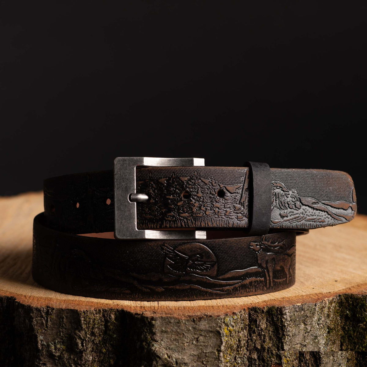 The Wildlife embossed full-grain leather belt in brown