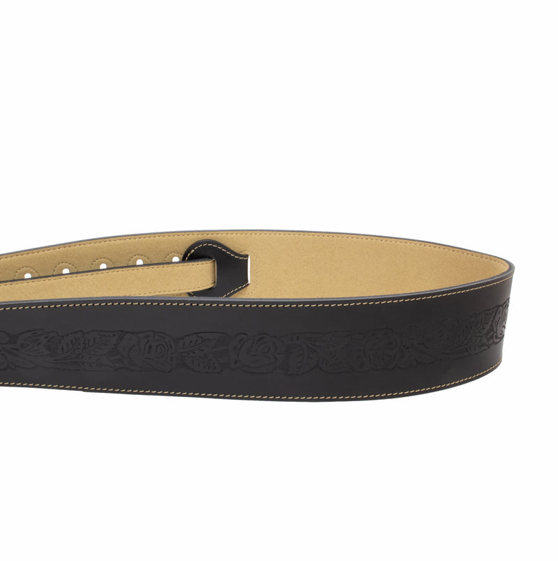 Axl -  Rose Embossed Black Full Grain Leather Guitar Strap