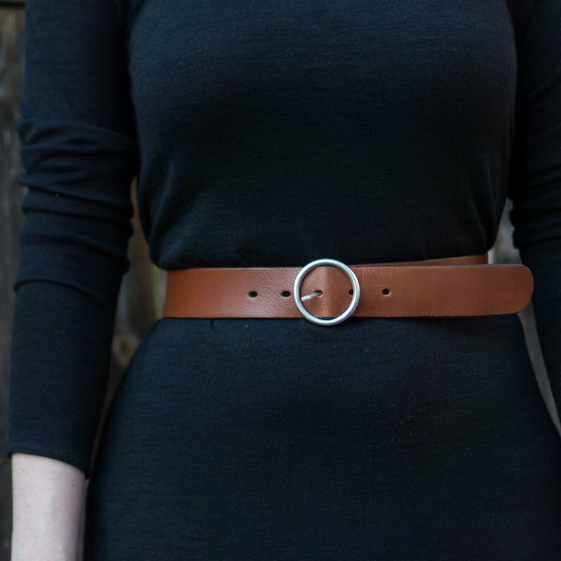 Sempre - Cognac Vachetta Leather Waist Belt with Circular Buckle - Made in Canada