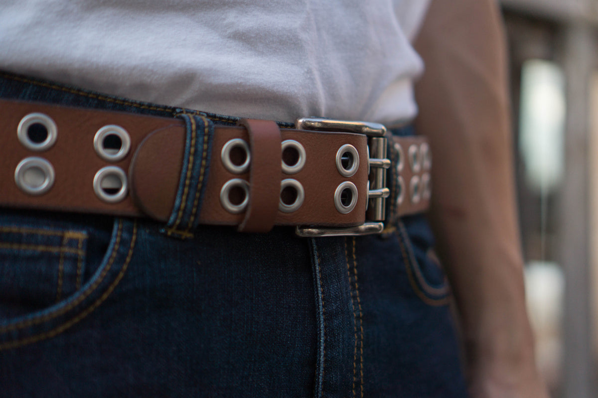 The Brixton Belt, black double grommet full-grain leather belt