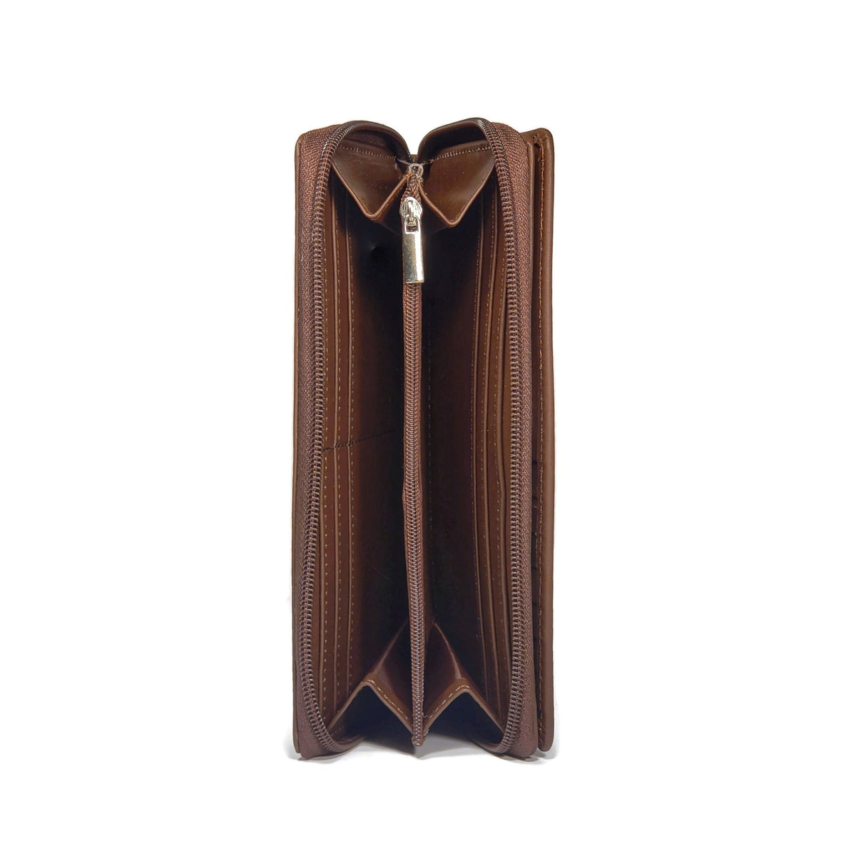 Inside view of brown leather wallet for women showing two compartments