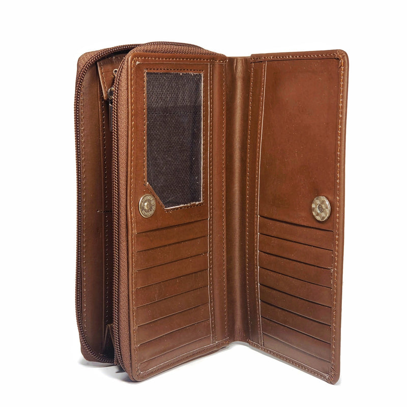Brown leather wallet for women with ID window and multiple cards