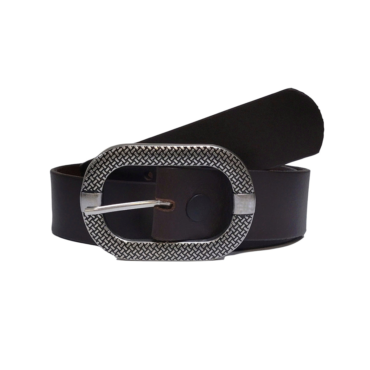 Design your own women's leather belt in brown with patterned buckle