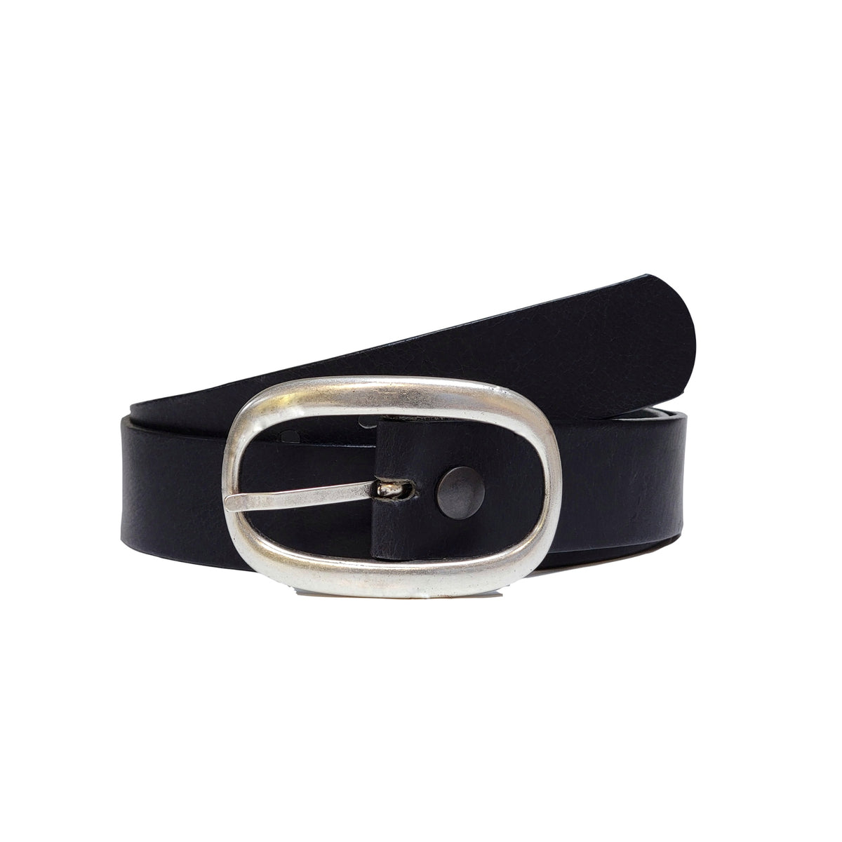 Design your own women's leather belt in black with large oval buckle