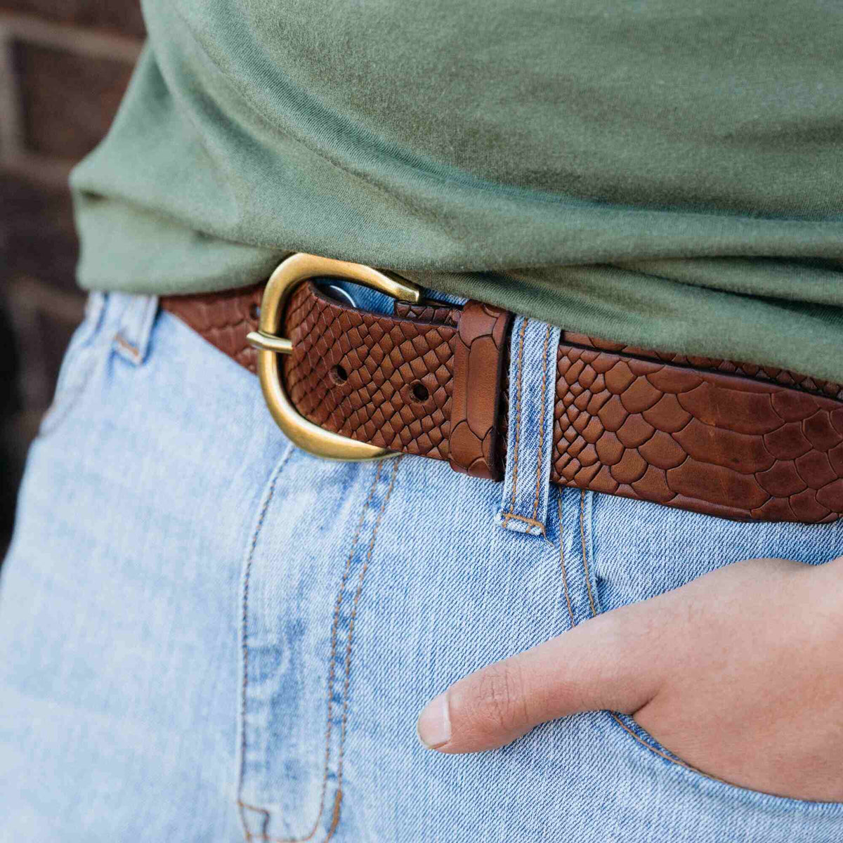 Snake skin embossed full-grain leather belt