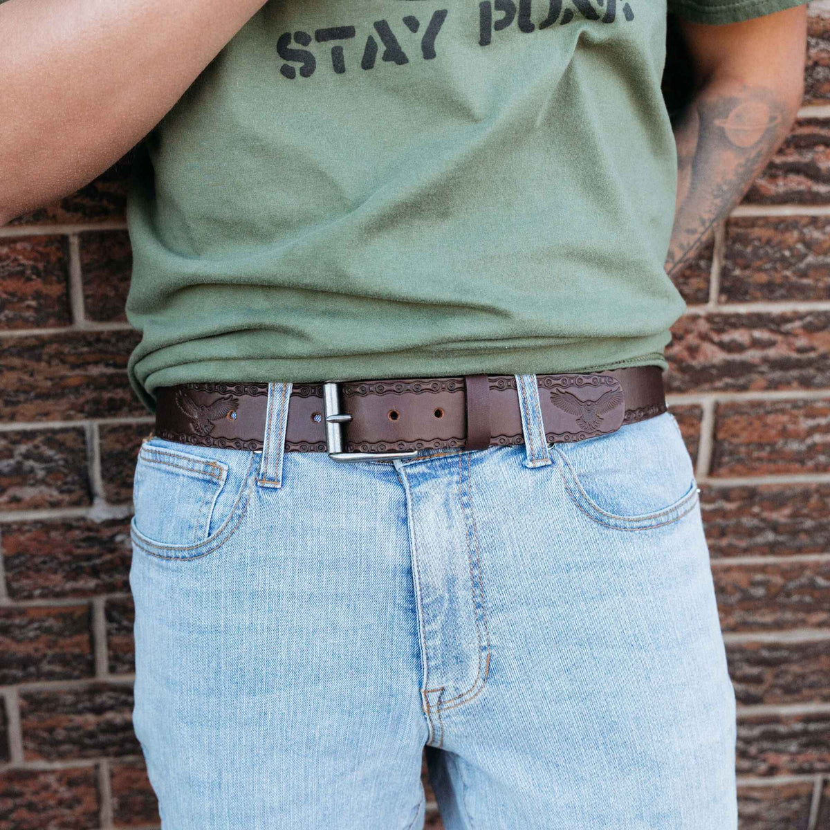The Eagle Belt, brown embossed leather belt