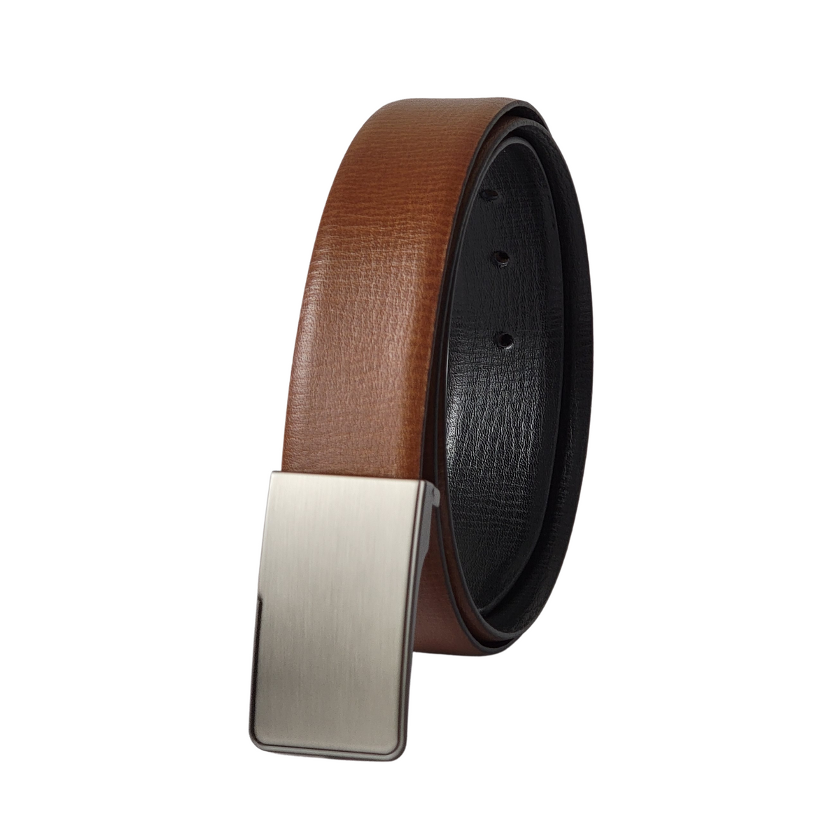 Brown 35 mm leather belt with plain silver plate buckle
