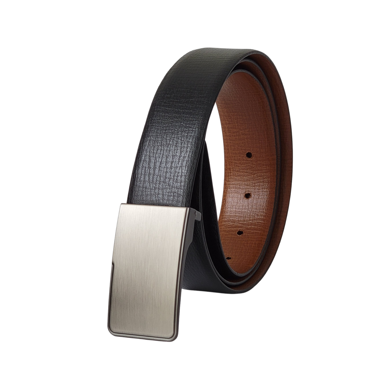 Black 35 mm leather belt with plain silver plate buckle