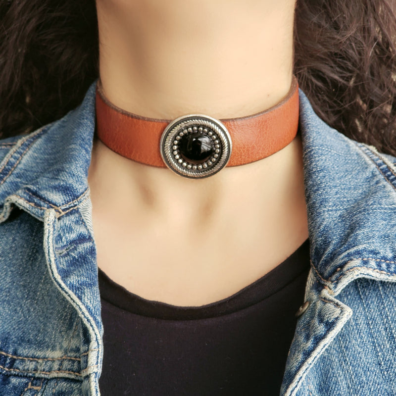 Cognac Leather Choker with Black Charm - Made in Canada