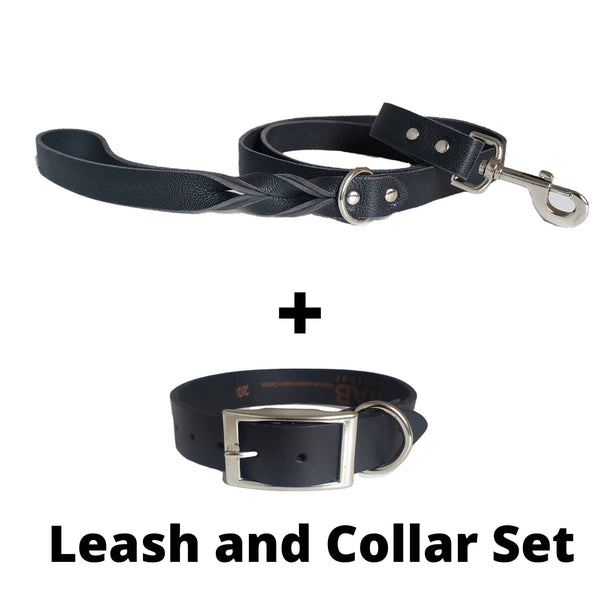 Black Leather Dog Leash and Collar Set - Made in Canada