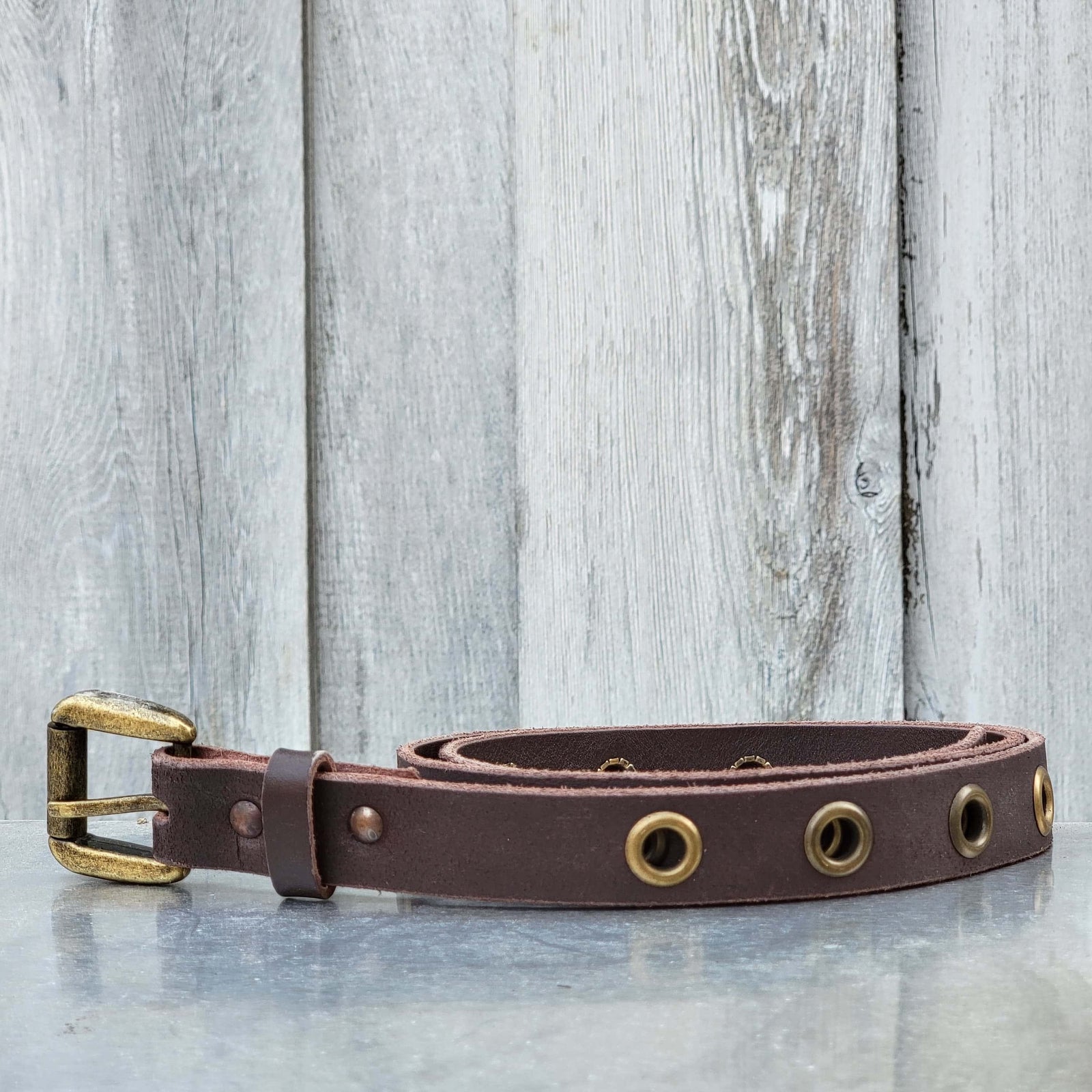 Exene - Slim Brown Leather Belt with Single Grommets display picture 3