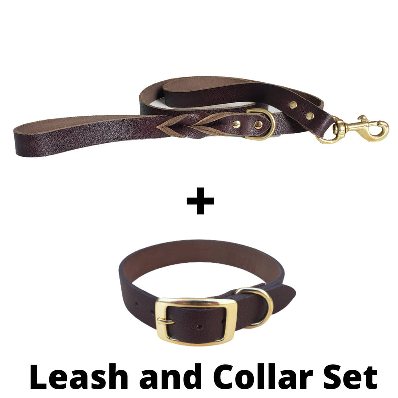 Cognac Leather Dog Leash and Collar Set - Made in Canada
