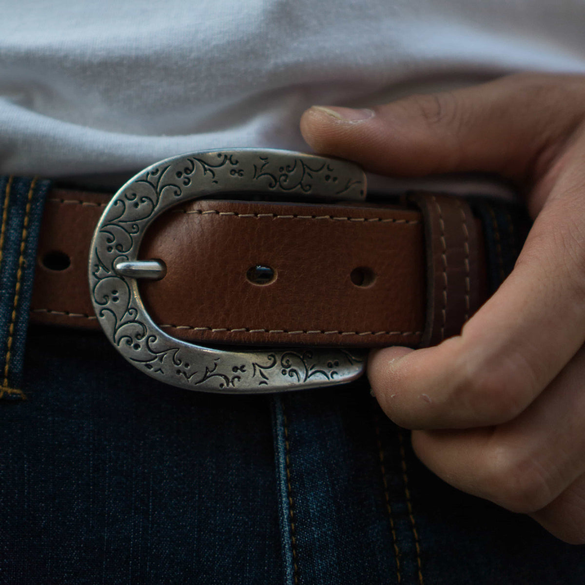Brown western style full-grain leather belt