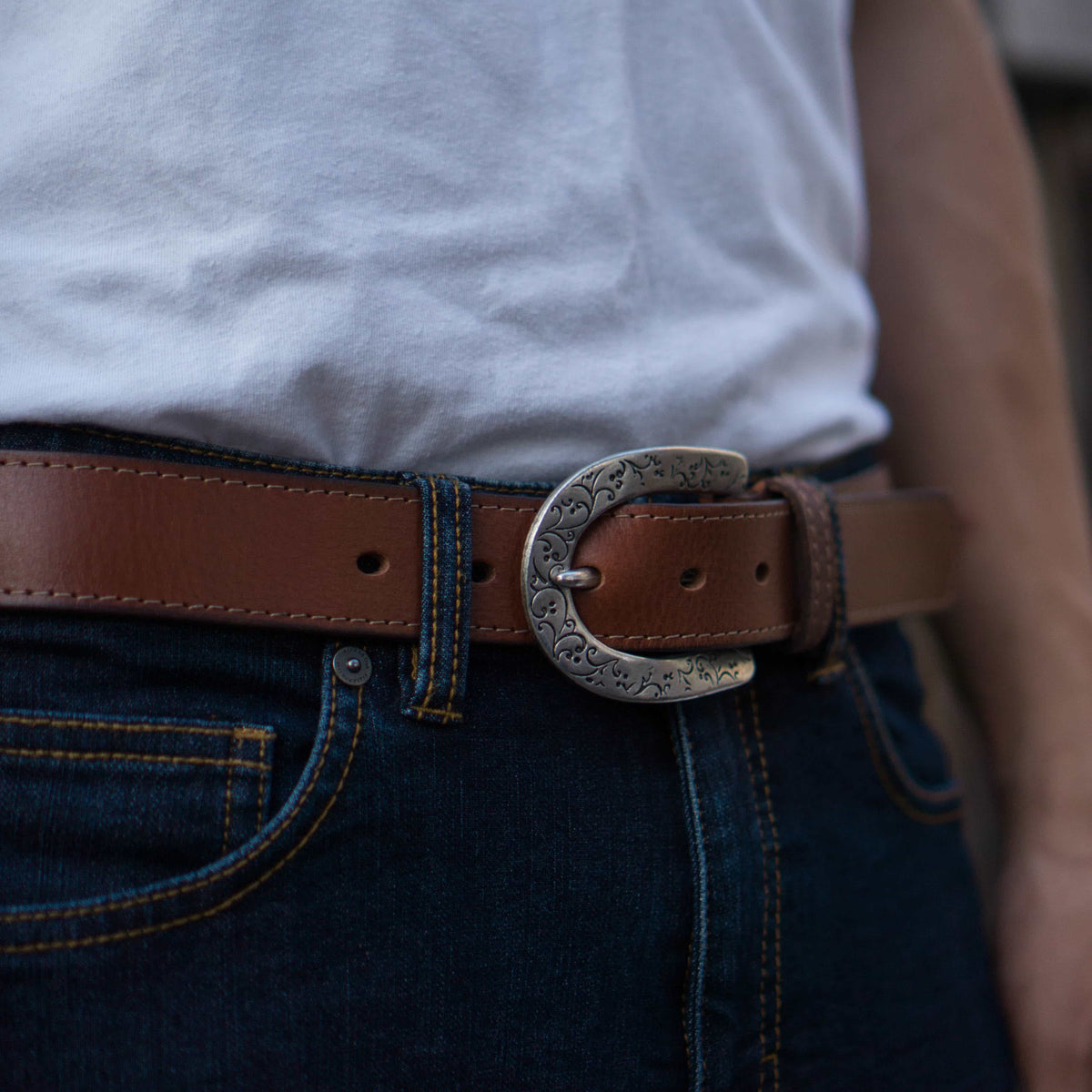 Brown western style full-grain leather belt
