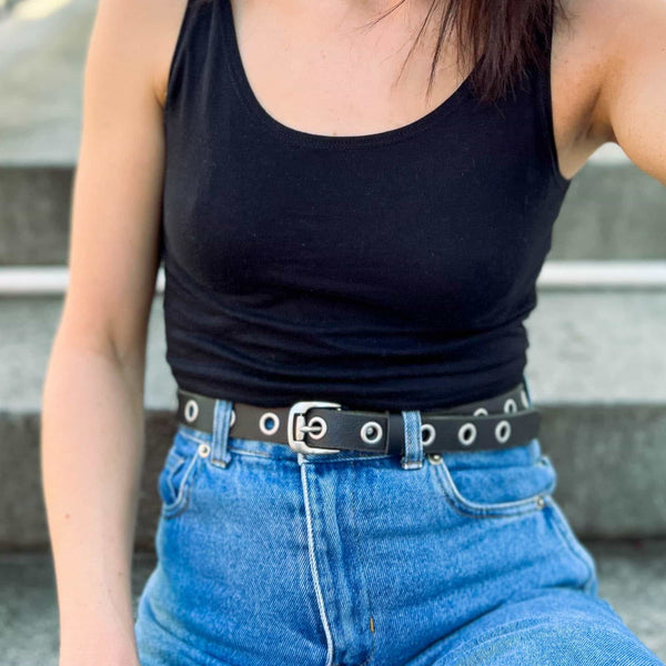 Exene - Slim Black Leather Belt with Single Grommets - Made in Canada