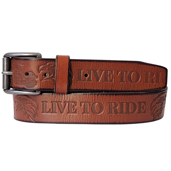 Live to Ride - Cognac 100% Full Grain Leather Biker Belt